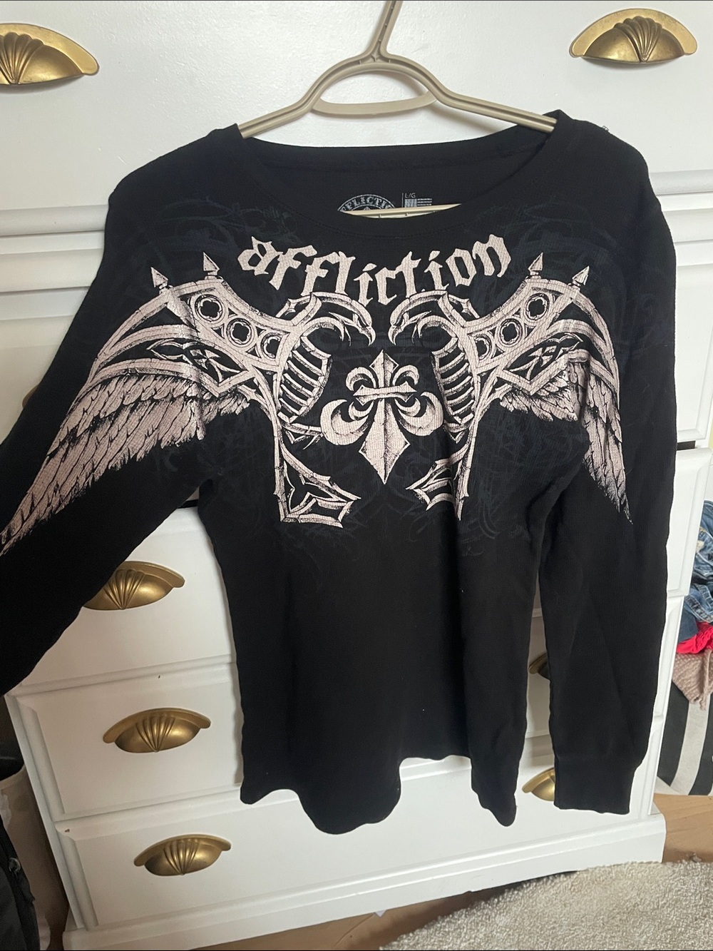 Affliction Black Long sleeve shirt with Light Gray Winged Crest Graphic